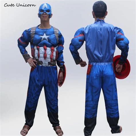 Captain America Adults Muscle Jumpsuits Mask Avengers Onesies Halloween Costume Mens Clothes