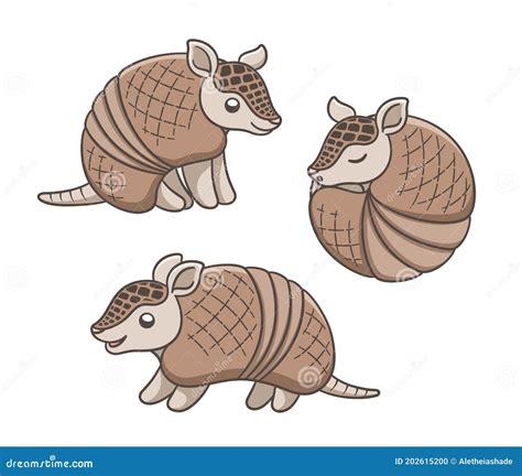 Armadillo Cartoon Standing And Rolled Up Into A Ball Poses Vector