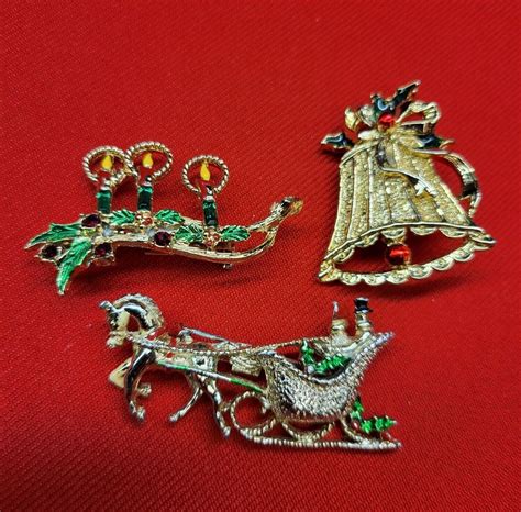 Vintage Christmas Pins Brooches Set Of 3 Christmas Sleigh Bell