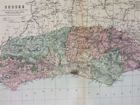 1896 Sussex Large Original Antique Map Showing Railways Stations Canals Crossroads Uk