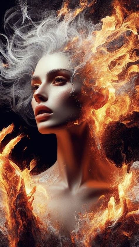 A Woman With White Hair Is Surrounded By Orange And Red Flames As If