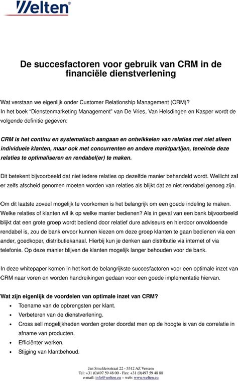 De Succesfactoren Voor Gebruik Van Crm In De Financiële Dienstverlening