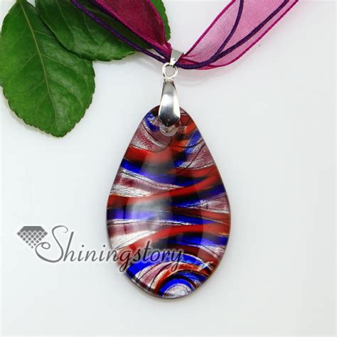 Teardrop With Lines Silver Foil Lampwork Murano Italian Venetian Handmade Glass Necklaces