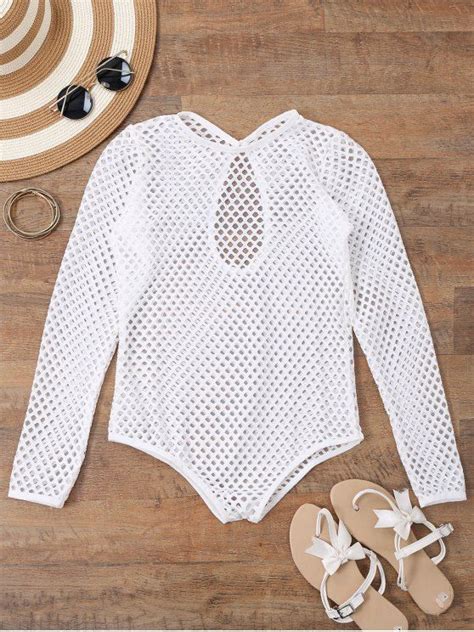 Long Sleeves Sheer Fishnet Swimsuit Cover Up White Swimwear Cover Ups