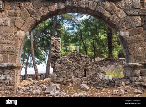 Ruins Of Ancient Roman Aqueduct And Buildings Among The Forest In The