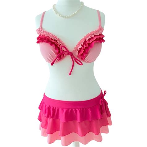 Pink Ruffle Japanese 3 Piece Bikini Set Flutter Vintage