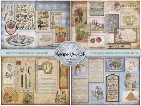 Junk Journal Recipe Book Digital Kit Blue Vintage Recipes Etsy