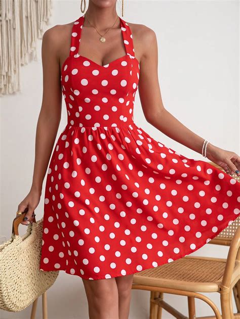 Shein Vcay Polka Dot Print Tie Backless Halter Dress Shein Uk