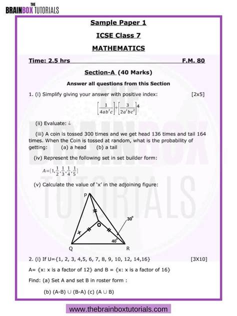 Icse Class Mathematics Sample Paper For