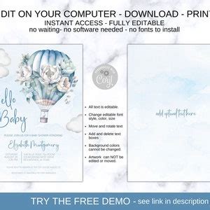 Blue Hot Air Balloon Baby Shower Invitation The Adventure Begins Up Up Away Blue Shower