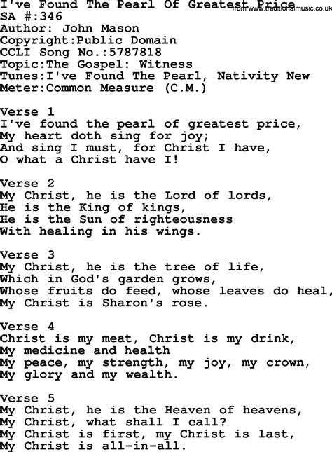 Salvation Army Hymnal Song I Ve Found The Pearl Of Greatest Price