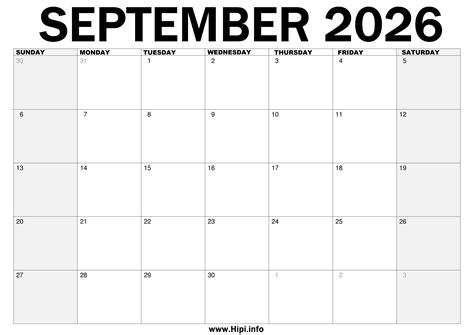 September 2026 Calendar Printable Free - Hipi.info