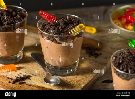 Homemade Chocolate Dirt Pudding With Gummy Worms Stock Photo Alamy