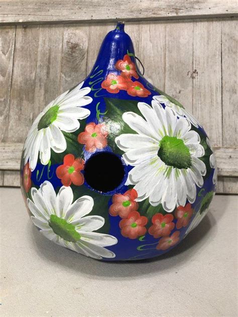 Hand Painte Gourd Birdhouse Royal Blue Background White Daisies Coral