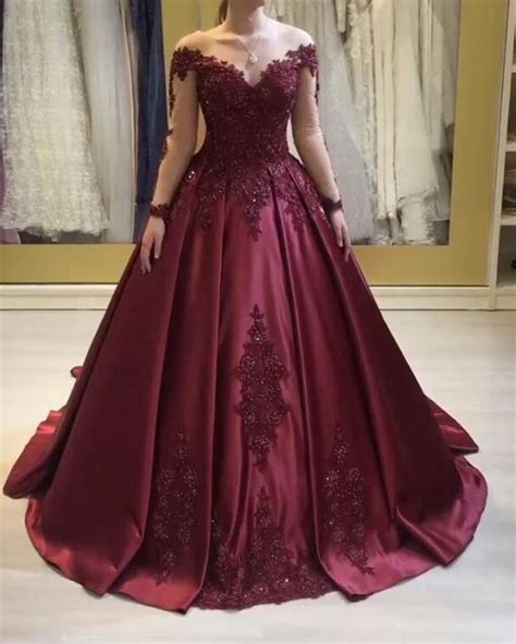 Burgundy Long Sleeves Ball Gown Wedding Dress Women Lace Beading Formal