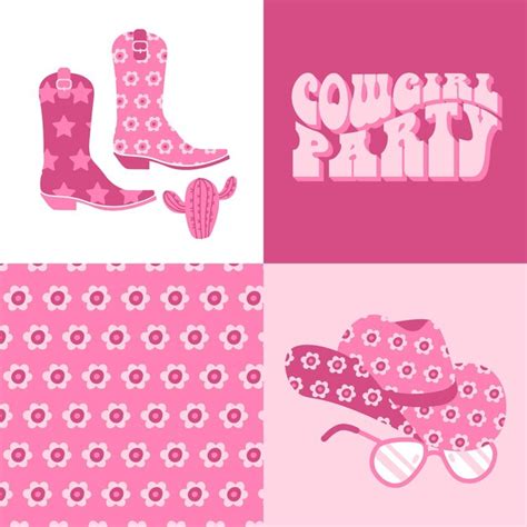 Premium Vector Pink Girly Square Posters Set With Cowgirl Boots Hat And Retro Lettering Text