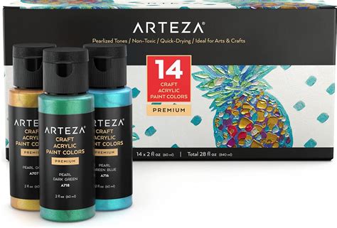 Arteza Pearlescent Acrylic Paint Set Of 14 2 Fl Oz Bottles Quick