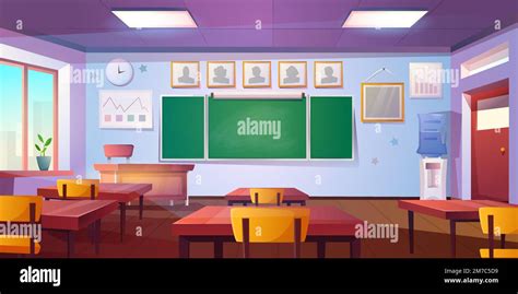 Cartoon Empty Classroom Education School Or College Class Interior With Green Blackboard