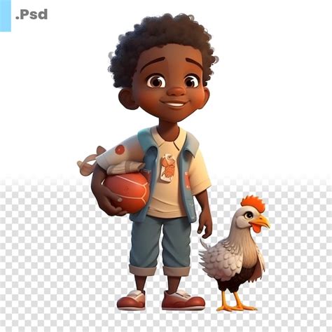 Representación 3d de un niño afroamericano con plantilla psd de pollo y