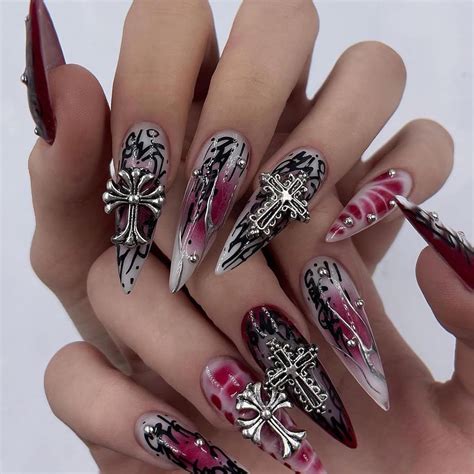 24pcs Long Stiletto False Nails Dark Red Black Stick On Nails Silver