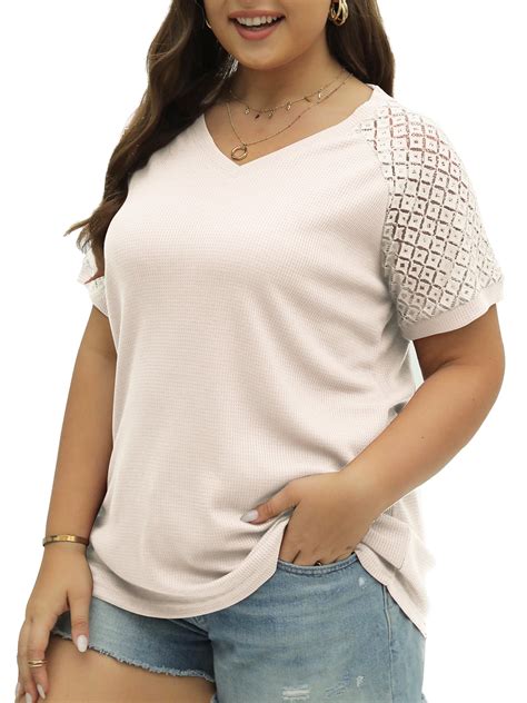 Mengpipi Plus Size Tops For Women Waffle Knit Lace Short Sleeve Blouse