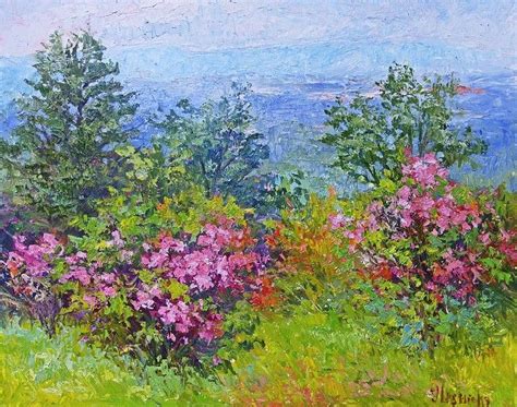 An Oil Painting Of Flowers And Trees On A Hill Overlooking The Ocean