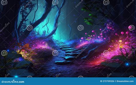 Colorful Bioluminescence Plants In Forest Crystals And Glowing Path