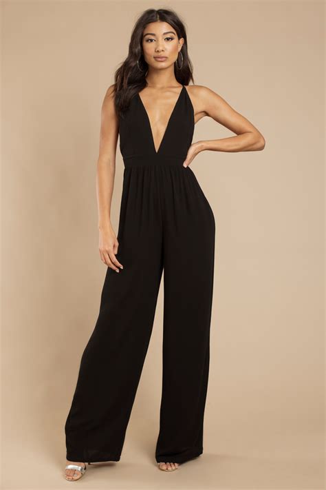 Trendy Black Jumpsuit Deep V Jumpsuit Black Jumpsuit 68 Tobi Us