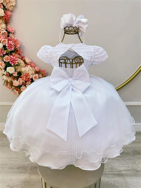 Vestido Infantil Branco Busto Nervura Pérolas Daminhas Rosa Charmosa