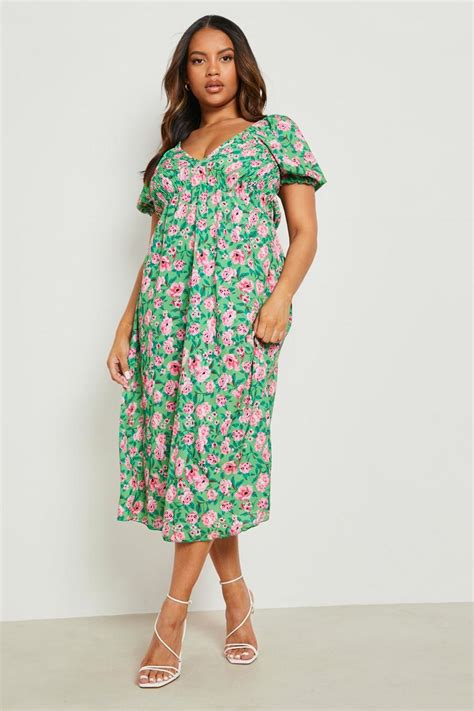 Plus Floral Puff Sleeve Midi Smock Dress Boohoo