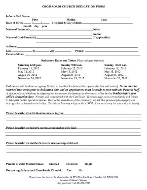 Fillable Online Crossroads Church Dedication Form Infants Full Fax