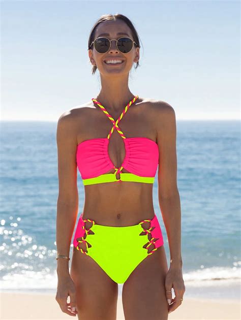 Popvil Summer Beach Vacation Front Cutout Back Strap Color Block Bikini Set SHEIN USA