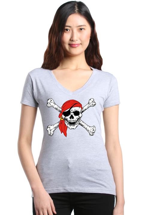 Shop4ever Womens Skull And Crossbones Pirate Flag Slim Fit V Neck T Shirt X Large Sports Grey