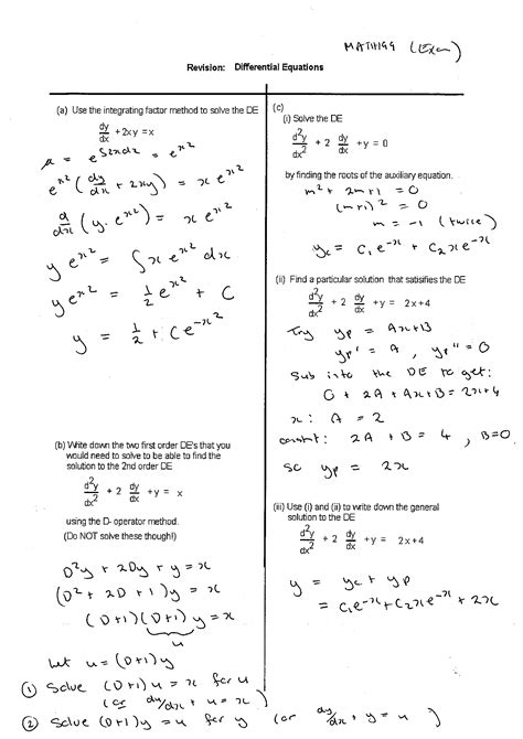 Differential Equations MATH100 Revision Exercises Resources