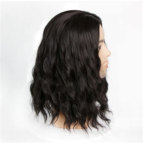 Men Wig Black Shoulder Length Curly Male Wig Middle Part Mens Black Wig