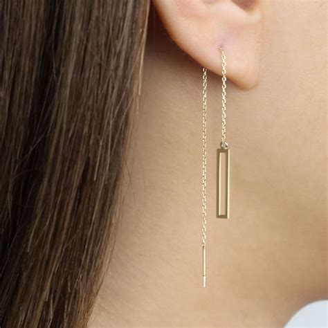 14k Solid Gold Rectangle Long Threader Earring Drop Earring Etsy