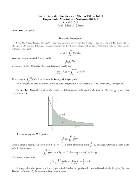 Lista 6 Integral 2 Pdf Integrante Limite Matemática