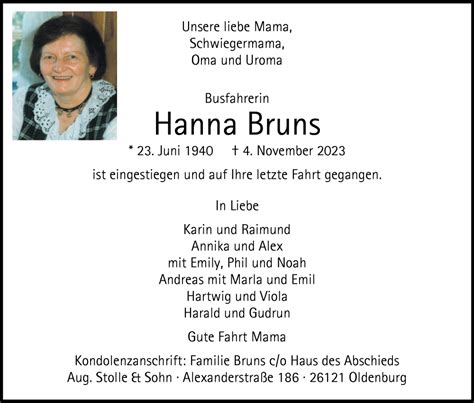 Traueranzeigen Von Hanna Bruns Nordwest Trauer De