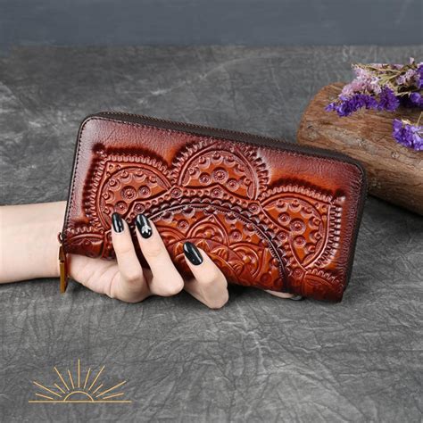 Genuine Leather Wallet Womens Leather Wallet Embossed Leather Wallet Retro Leather Handmade