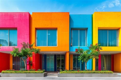 Un Edificio Colorido Con Una Fachada Colorida Y Un Rbol Verde Imagen