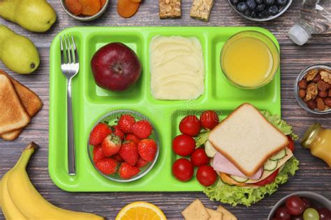 Serving Tray of Healthy Food on Wooden Table, Flat Lay. School Lunch ...