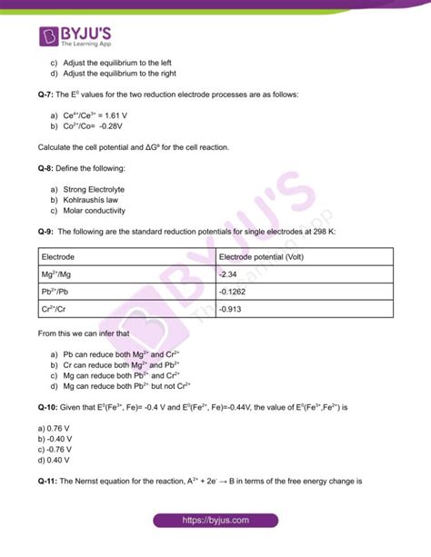 Class 12 Chemistry Worksheet On Chapter 3 Electrochemistry Set 1