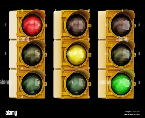 Traffic Lights With Red Yellow And Green Lights Isolated On Black