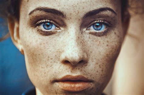 Freckles Closeup Model Blue Eyes Brunette Face Women Darya