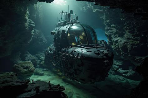 Premium Ai Image Submersible With View Of Dark And Mysterious Underwater Cave System Created