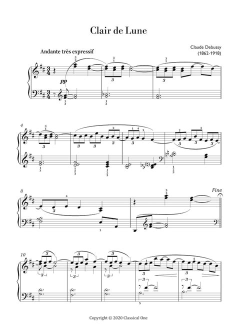 Debussy Clair De Lune Easy Piano Sheet Music Classical Music Music Score Digital Music Score