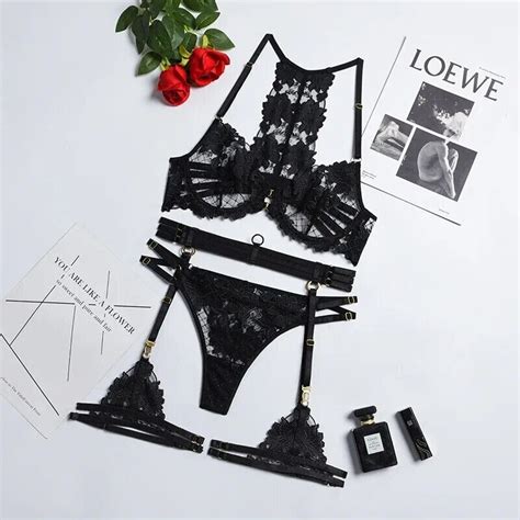 Ensemble de lingerie en maille transparente 4 pièces Noir Taille