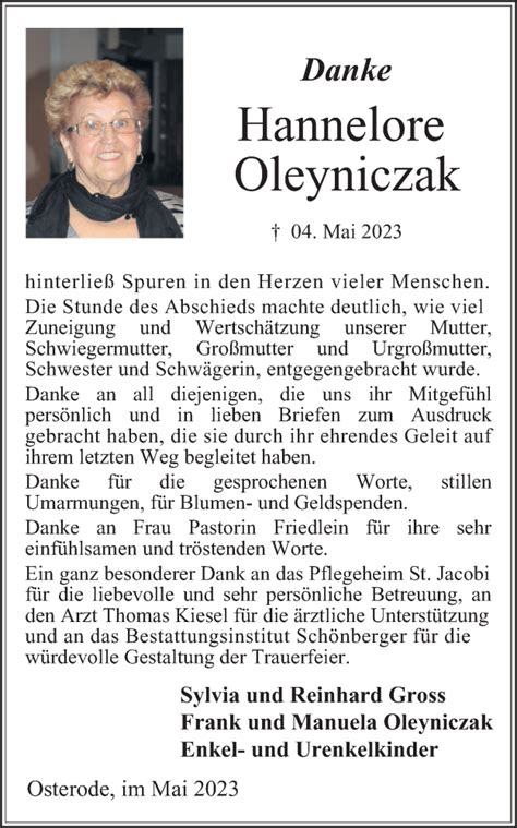 Traueranzeigen Von Hannelore Oleyniczak Harztrauer De