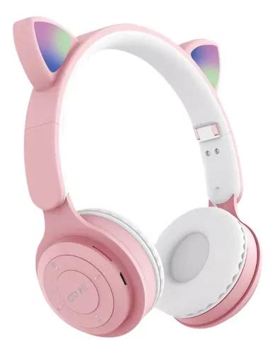 Fone De Ouvido Bluetooth Sem Fio Infantil Gatinho Led Macio Cor Rosa