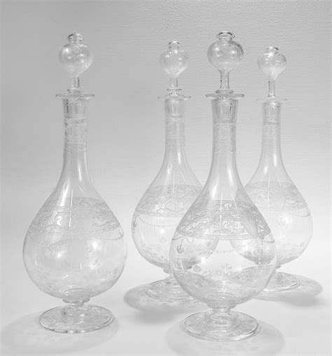 Set Of 4 Antique Stourbridge Etched And Engraved Glass Decanters With Stoppers At 1stdibs